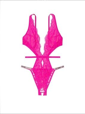 Victoria's Secret Very Sexy Shine Strap Lace Crotchless Teddy L -NEW